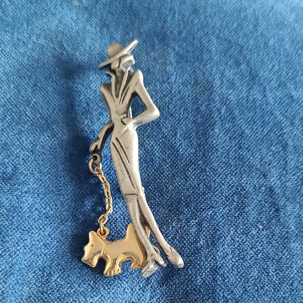 2/$22 80s Vintage Silvertone Fashion Lady Walking Her Goldtone Dog Brooch